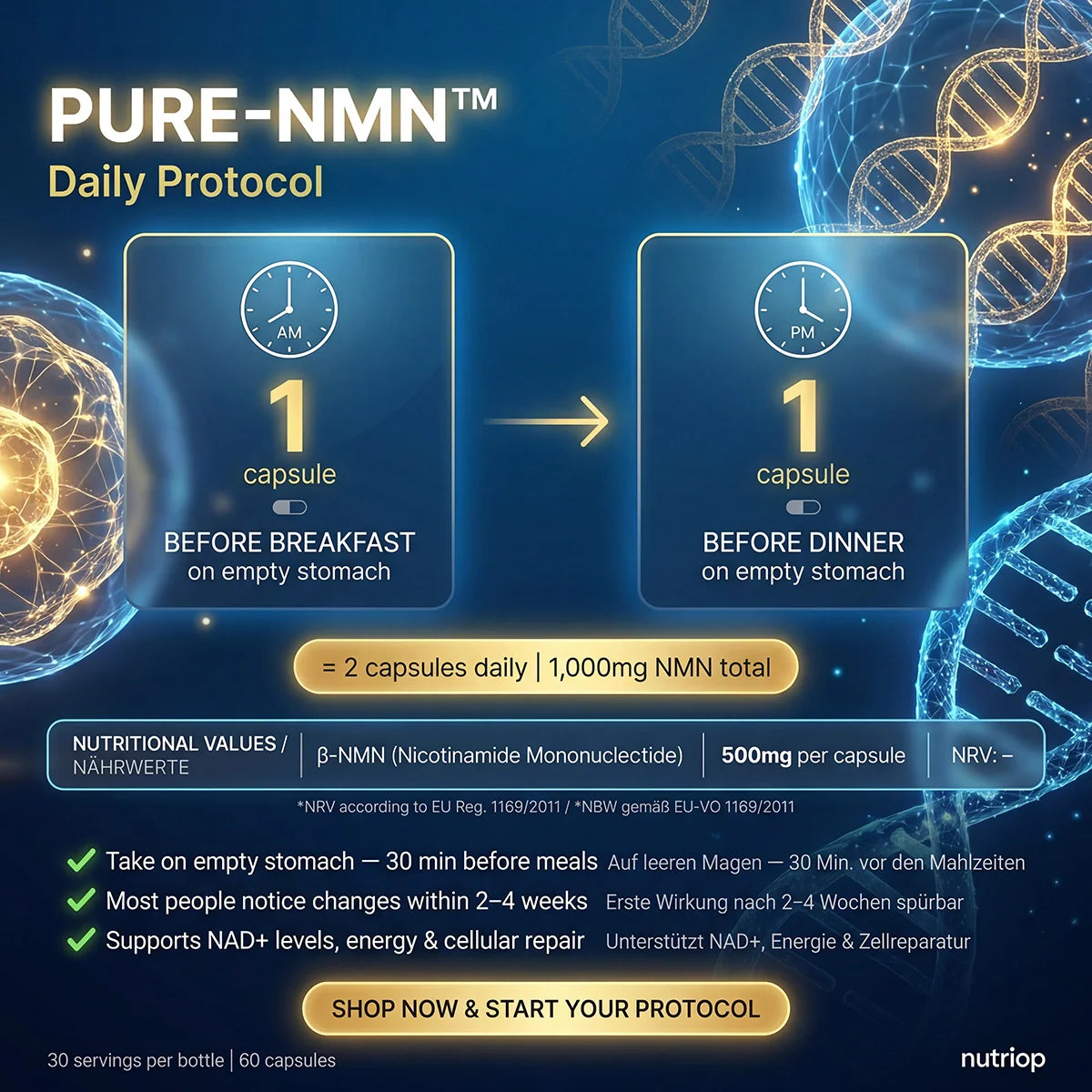 Nutriop® Pure-NMN 500mg - Advanced NAD+ Precursor (60 Capsules)